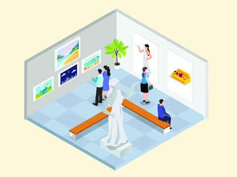 People looking at picture and statue in modern art gallery. Isometric vector concepts