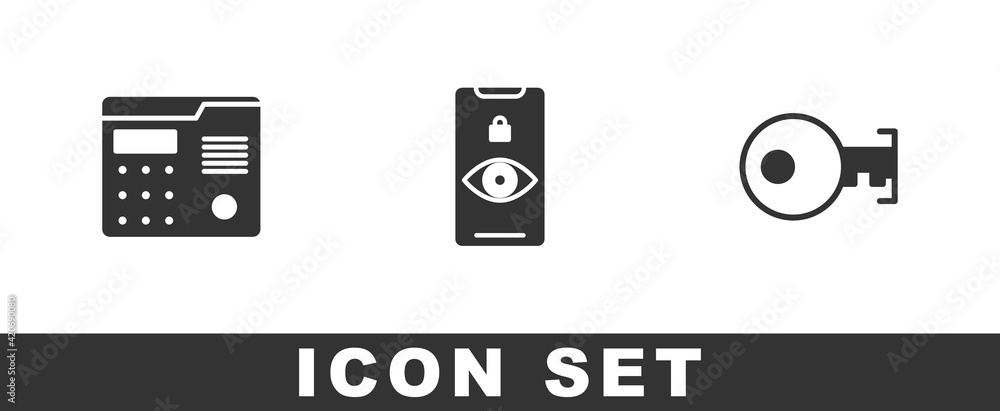 Poster set house intercom system, eye scan and key icon. vector