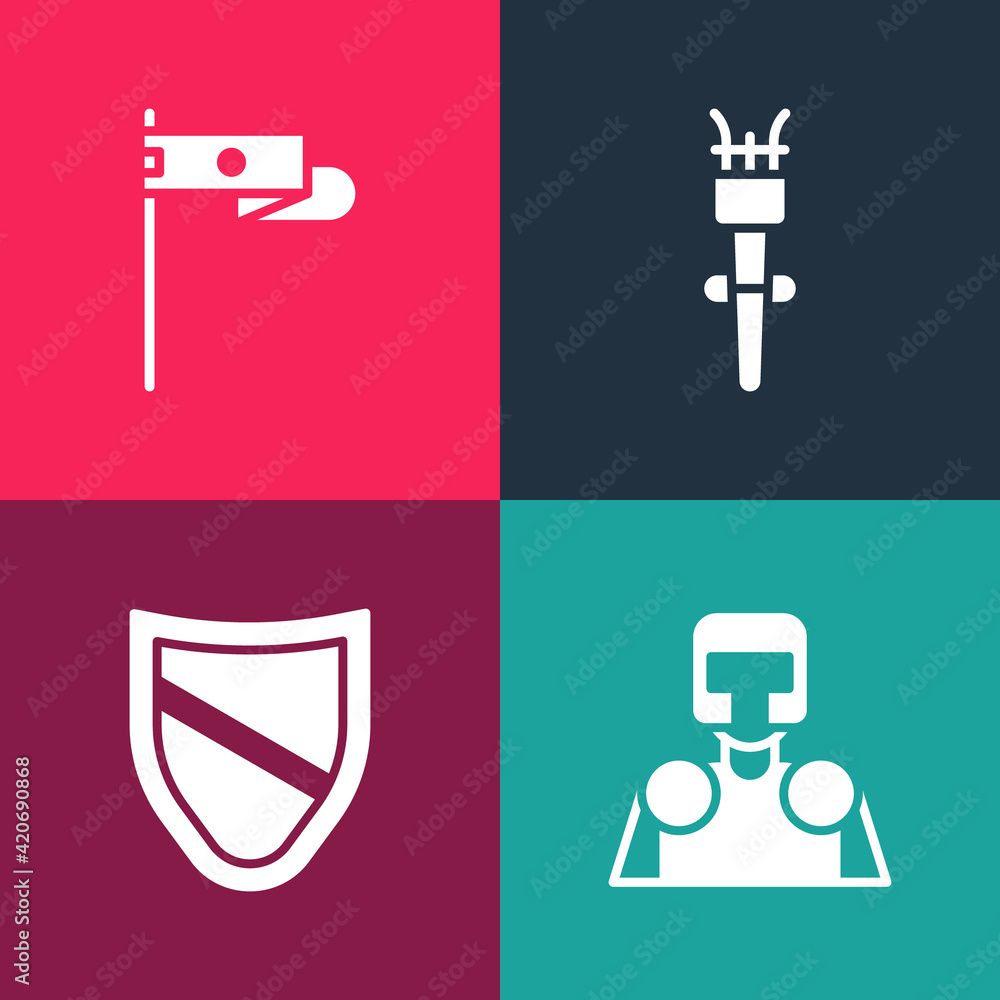 Poster set pop art medieval knight, shield, torch flame and flag icon. vector
