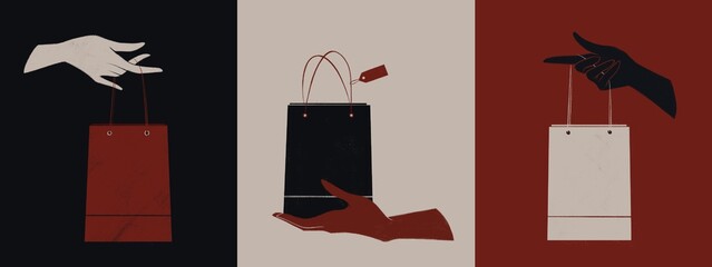 Female hand holding shopping or gift Bag. Sack for purchases, presents. Shopping, sale concept illustrations.