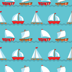 Seamless Pattern Background with Children's Cute ship. Vector Illustration