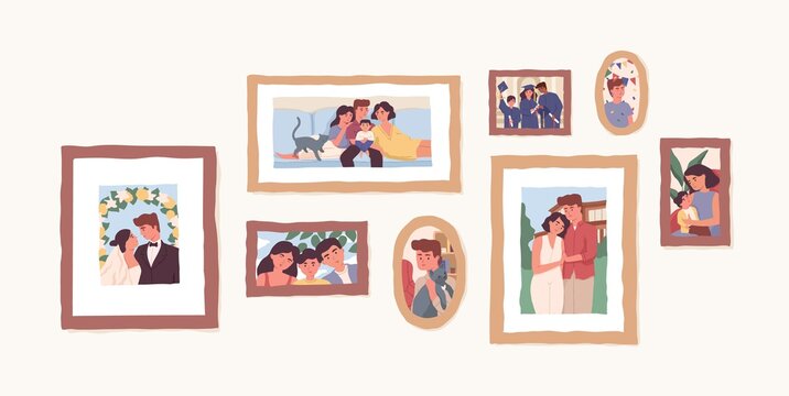 Set of family photo portraits in frames. Memorable pictures of happy parents and children at important moments and events in life. Colored flat vector illustration of photographs or snapshots