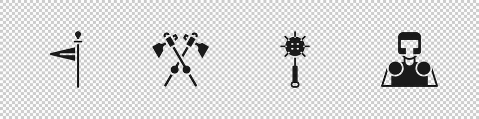 Set Medieval flag, Crossed medieval axes, chained mace ball and knight icon. Vector