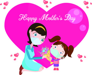 Mother's Day Vector concepts: Little girl cartoon celebrating mother's day by giving flower gift to her mother while wearing face mask with heart symbol background