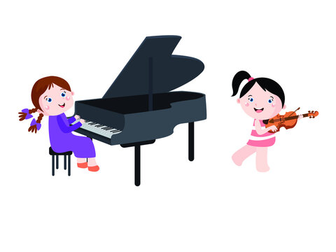 Cute little girls cartoon playing piano and violin together, isolated on white background
