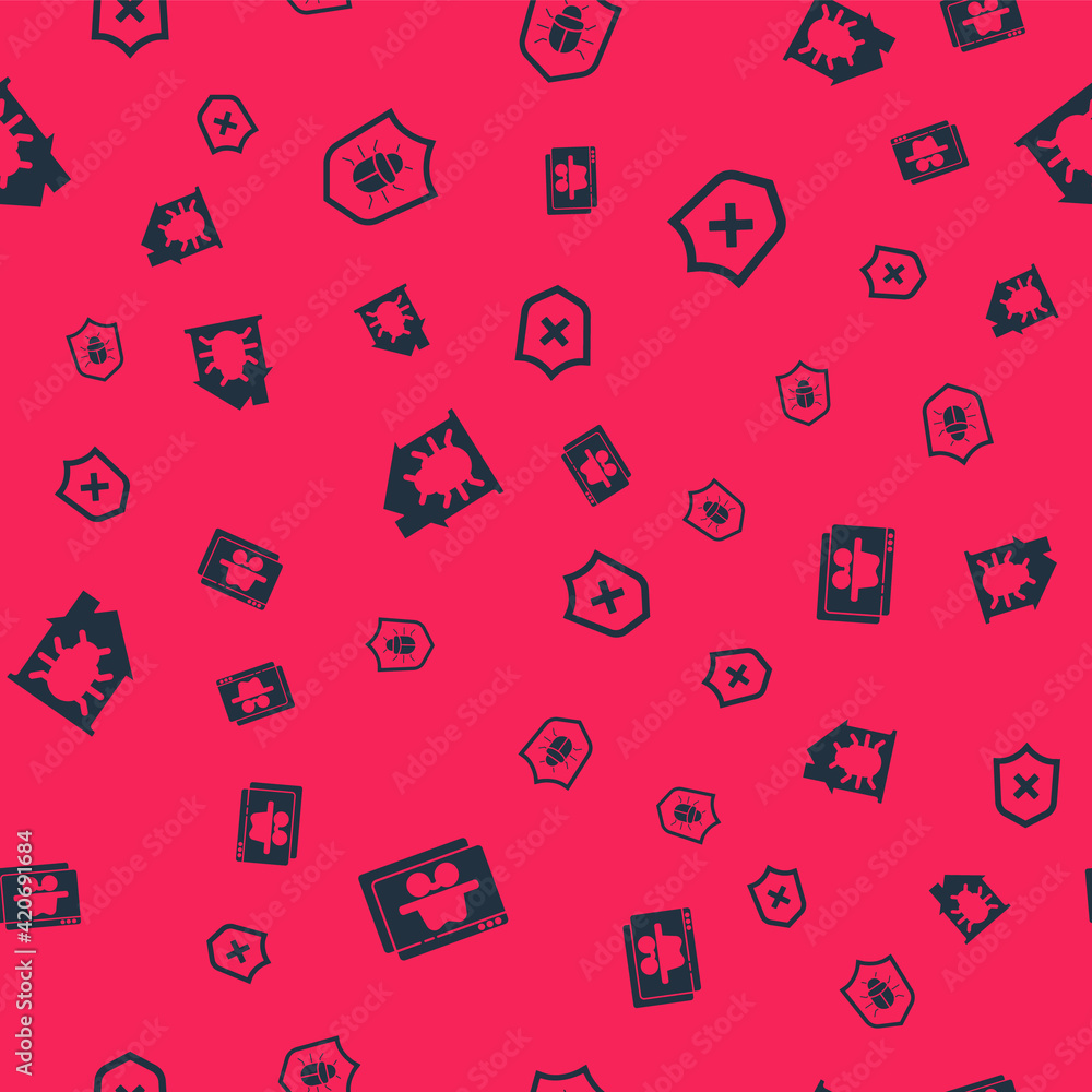Poster set browser incognito window, system bug, house system and shield with cross mark on seamless patter