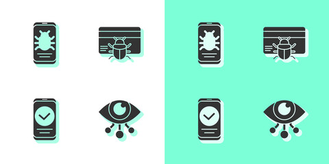 Set Eye scan, System bug on mobile, Smartphone and in credit card icon. Vector