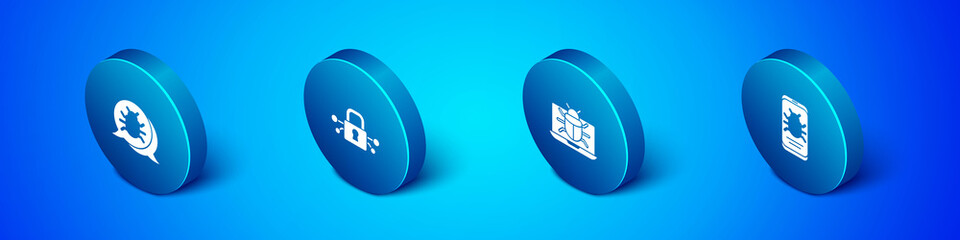 Set Isometric System bug, on monitor, mobile and Cyber security icon. Vector