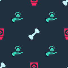 Set Bag of food, Dog bone and Hands with animals footprint on seamless pattern. Vector