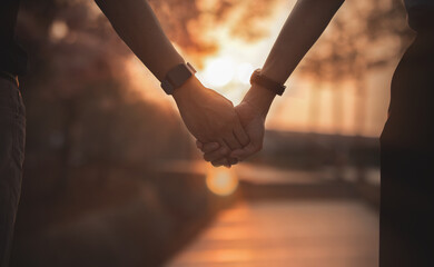 Couple hold hands on sunset.