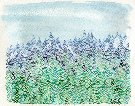 Abstract watercolor fir forest