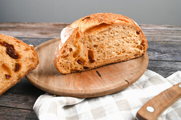 homemade rye bread with filling on a wooden background