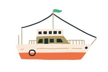 Double-deck ship with flag in Scandinavian style. Sea passenger transport or fishing vessel. Colored flat vector illustration isolated on white background