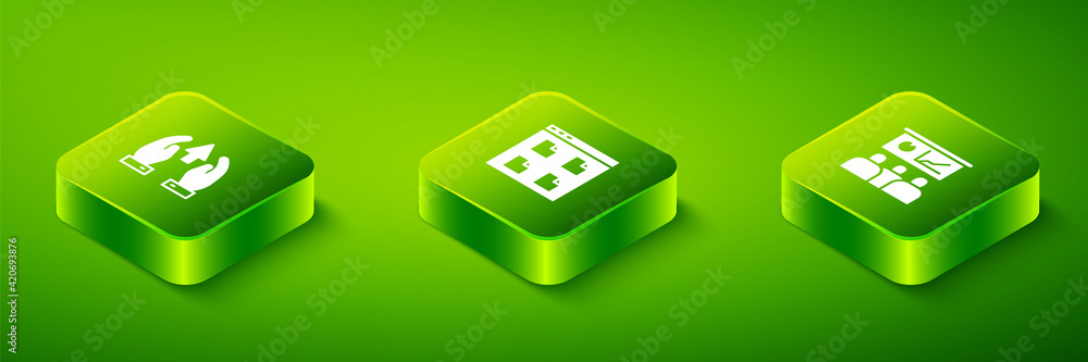 Poster set isometric browser files, training, presentation and growth chart and progress icon. vector
