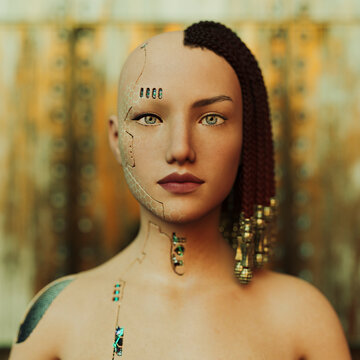 Futuristic cyborg woman cut-away