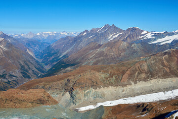 Summer mountain view from Matterhorn Glacier Paradise highest Alps cable car station in Switzerland.