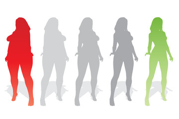 Vector conceptual fat overweight obese female vs slim fit healthy body after weight loss or diet with muscles thin young woman isolated. Fitness, nutrition or fatness obesity, health silhouette shape