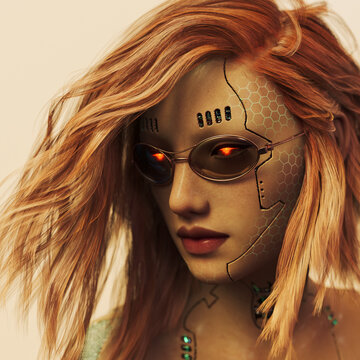 Futuristic cyborg woman with glowing eyes wearing sunglasses