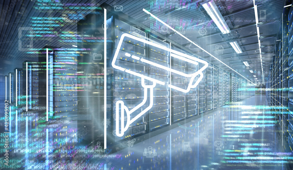 Poster cctv security camera icon in a server room data center - 3d rendering