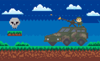 Military people fighting monster. Men armed with machine gun on roof of car shoot evil skull.
