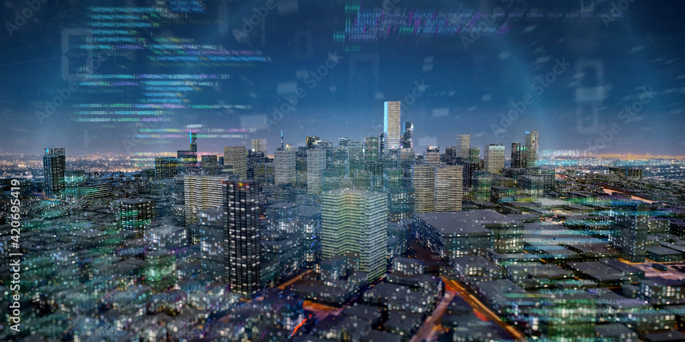 Poster smart city with network and communication connection - 3d rendering