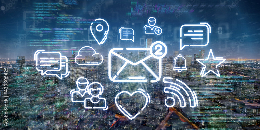 Poster smart city with multmedia network and communication connection - 3d rendering
