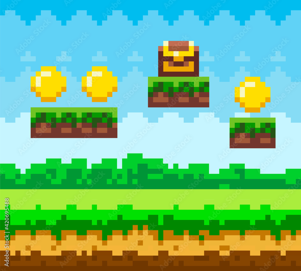 Poster pixel-game background with coins in sky. pixel art game scene with green grass platform and chest