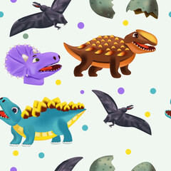 Vector seamless with Dinosaur and eggs for your design textile, wallpapers, fabric, posters. Funny dinosaurs and Pterodactyl.Vector illustration.