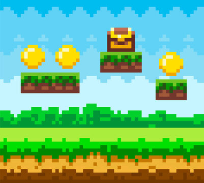 Pixel-game background with coins in sky. Pixel art game scene with green grass platform and chest