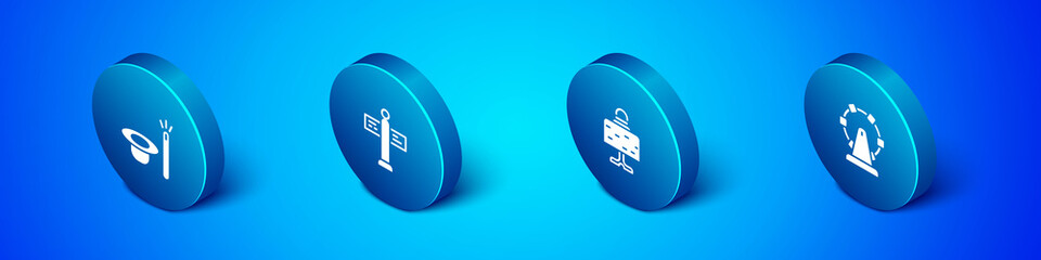 Set Isometric Magic hat and wand, ball on table, Ferris wheel and Road traffic signpost icon. Vector
