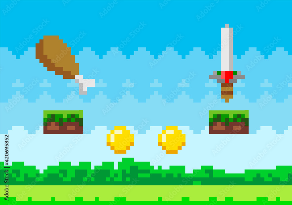 Aufkleber pixel art game background with reward objects food and weapons in nature landscape background