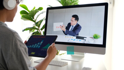 Video conference, Businessman making video call to employee with virtual web, Contacting manager by conference on computer at office, Talking on web, Online consultation, telecommunication  business