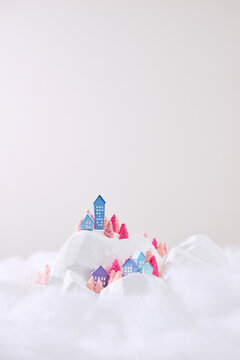 Photographs of small handmade winter objects with colorful paper and foam, ideal for Christmas, New Year and Epiphany cards