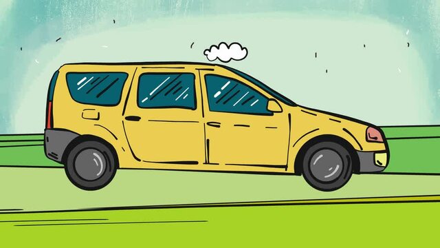 Yellow universal car moving animation, looped comic cartoon animation