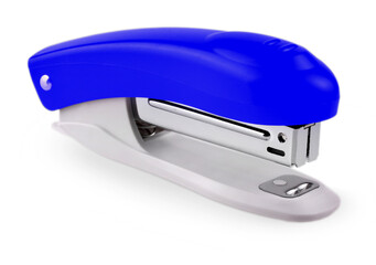 Blue stapler isolated on white background. Selective focus