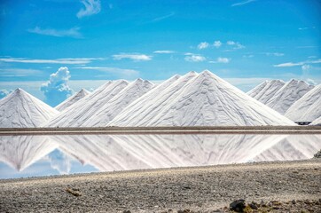 Salt mountains in Bonaire. Salt Pyramids , caribbean island, dutch antilles. Salt mountain range. Salt towers