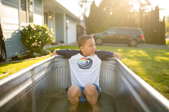 Boy relaxes in pool