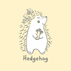 Vector illustration of cute hedgehog drawing by contour. A hedgehog with a mushroom in its paws and on needles. Forest dweller, mushroom gatherer.