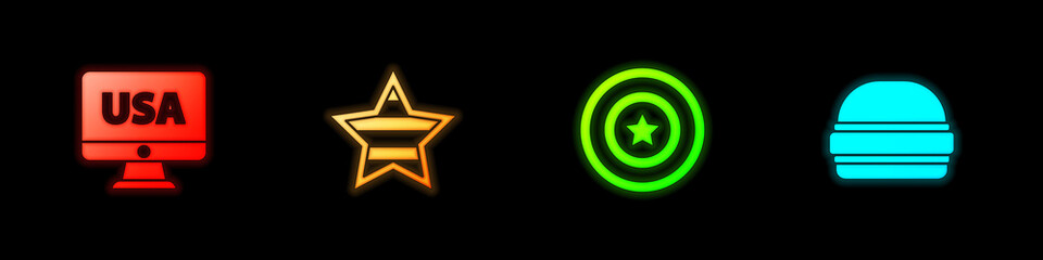 Set USA on monitor, Independence day, American star shield and Burger icon. Vector