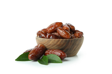 Bowl with dried dates isolated on white background