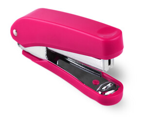 Red stapler isolated on white background. Selective focus