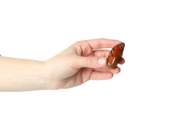 Female hand hold date fruit, isolated on white background