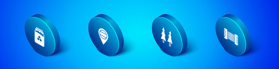 Set Isometric Jar of honey, Christmas tree, Accordion and Location Russia icon. Vector