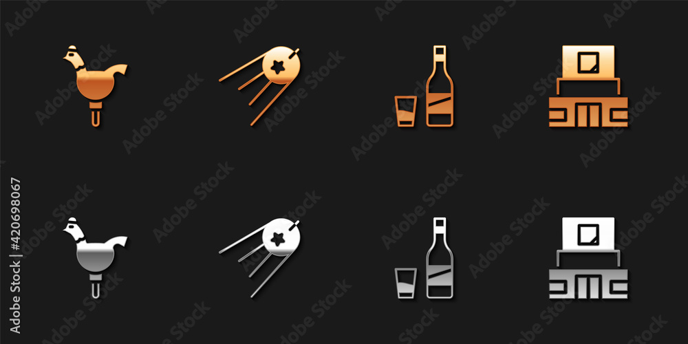 Poster set cockerel lollipop, satellite, bottle of vodka with glass and mausoleum lenin icon. vector