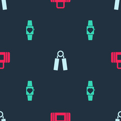 Set Sport bag, expander and Smartwatch on seamless pattern. Vector