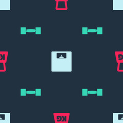 Fototapeta premium Set Weight, Bathroom scales and Dumbbell on seamless pattern. Vector