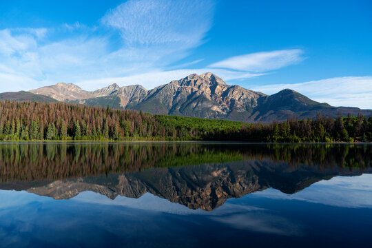 Mountains reflected in a lake.