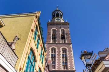 Historic belfry and colorful houses in Kampen, Netherlands