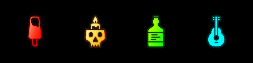 Set Popsicle ice cream, Burning candle on skull, Tequila bottle and Mexican guitar icon. Vector