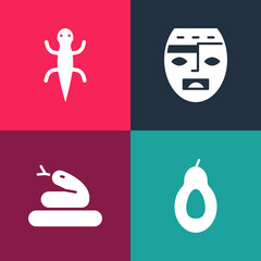 Set pop art Avocado, Snake, Aztec mask and Lizard icon. Vector